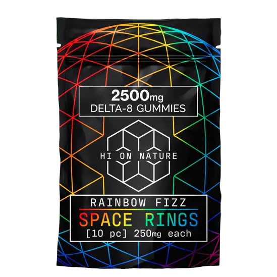 HoN Delta 8 Space Rings 2500mg – Rainbow Fizz Delta 8 gummies made from legal hemp, high potency THC edibles with 250mg per gummy by Hi on Nature