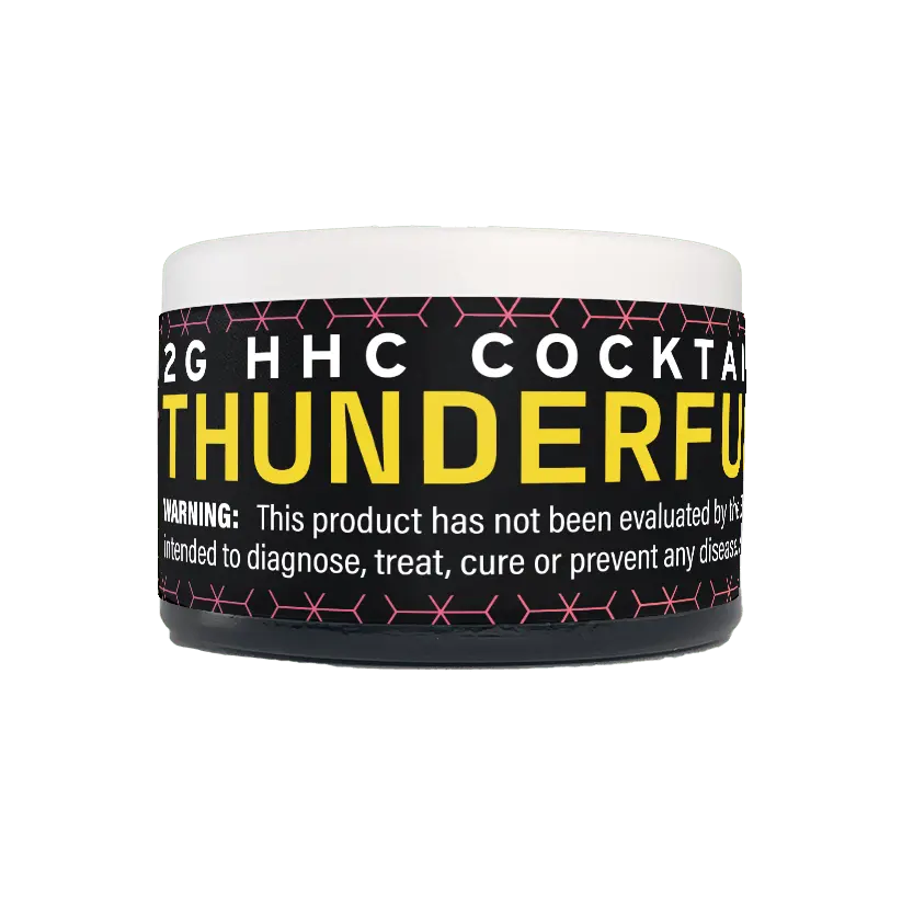 Jar labeled 'THUNDERFUL' with HHC cocktail content on a green background