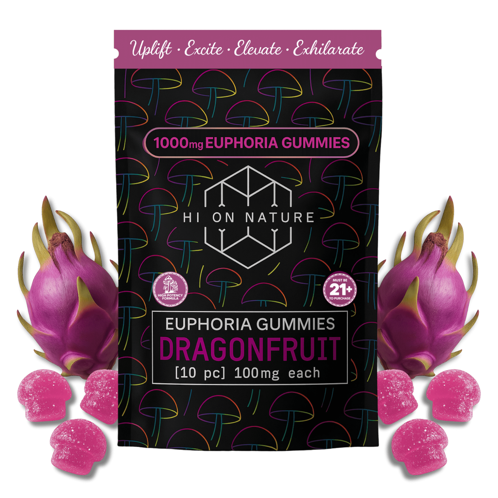 HoN Dragonfruit Magic Mushroom Euphoria Gummies Hi on Nature Delta 8 gummies Legal Hemp For Sale