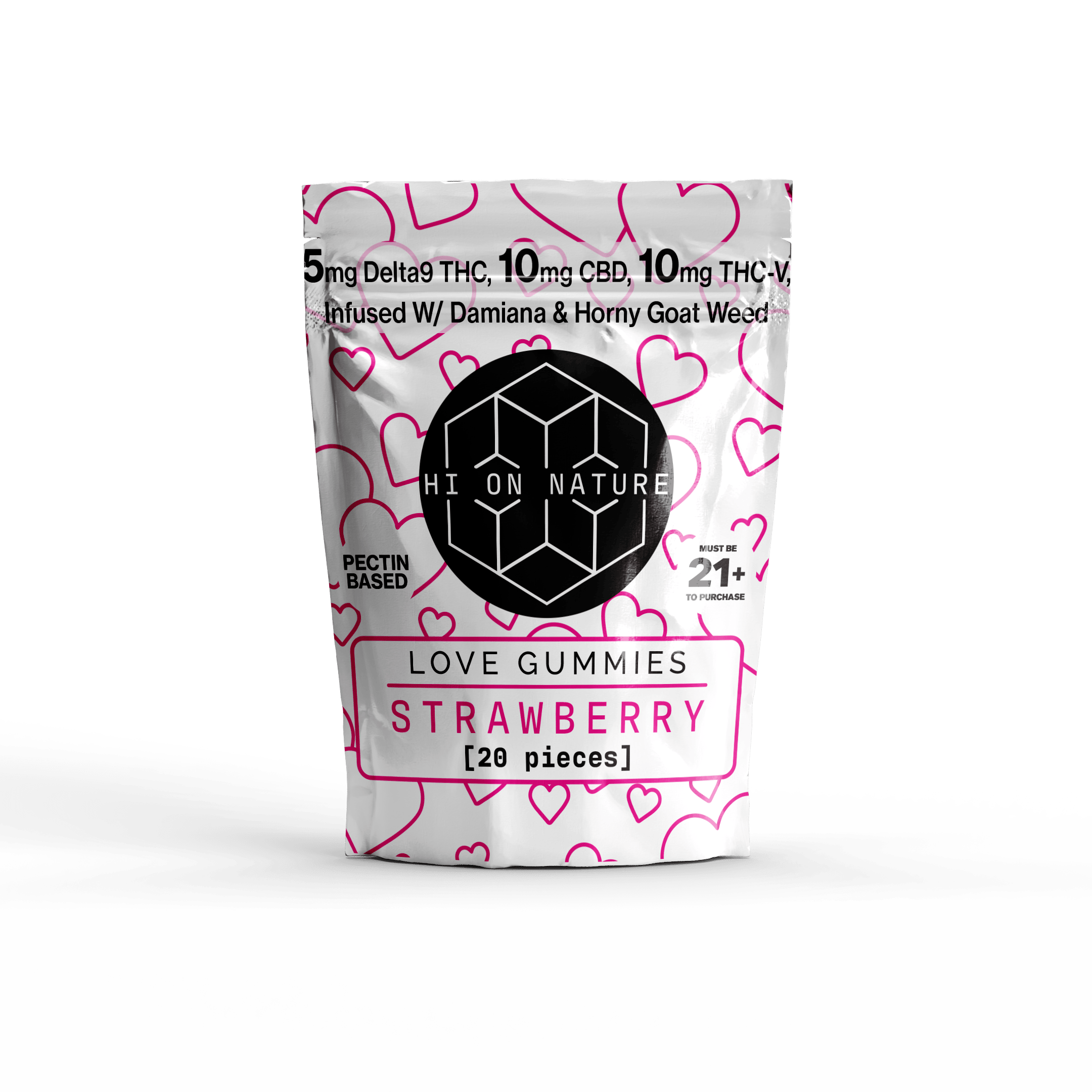 HoN Strawberry 100mg D9 Love Gummies - Pectin Based Infused With CBD, THC-V, Damiana, and Horny Goat Weed Hi on Nature Delta 8 gummies Legal Hemp For Sale