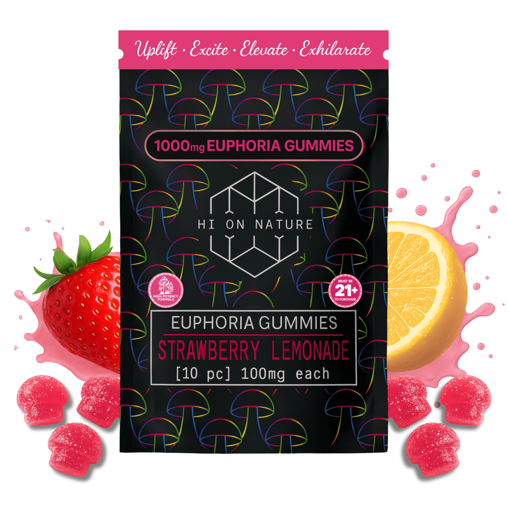 HoN Strawberry Lemonade Magic Mushroom Euphoria Gummies Hi on Nature Delta 8 gummies Legal Hemp For Sale