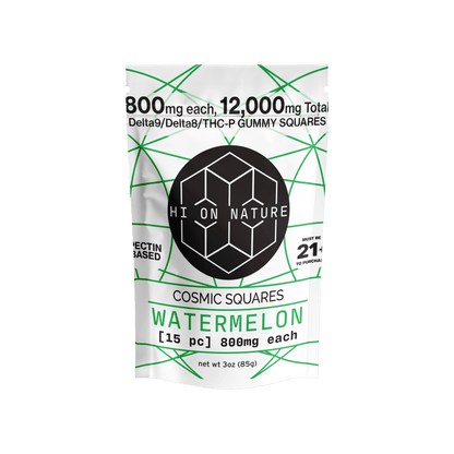 HoN Watermelon 12,000mg D9/D8/P Cosmic Squares - Pectin Based Infused Hemp Extract Edibles *NEW FLAVORS* Hi on Nature Delta 8 gummies Legal Hemp For Sale